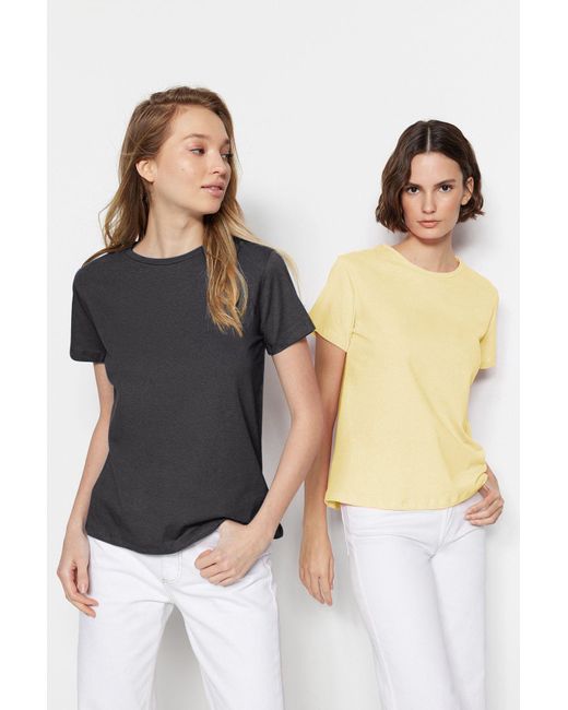 Trendyol Black T-Shirt Mit Rundhalsausschnitt, 100 Baumwolle, Anthrazit-Gelb, 2Er-Pack – Für Damen