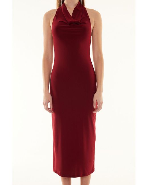 Trendyol Red Burgunderrotes, Dehnbares Strick-Midi-Bleistiftkleid Mit Degaje-Kragen Für Damen