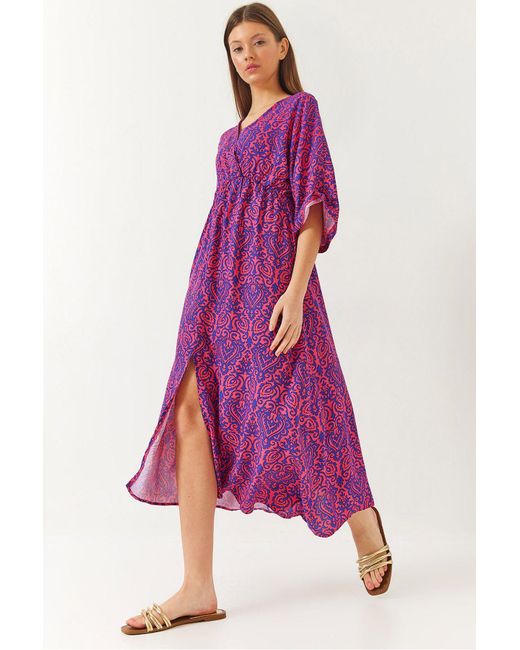 Bianco Lucci Purple Zweireihiges, Gemustertes Kleid Mit V-Ausschnitt Und Schlitz Vorne Für Damen