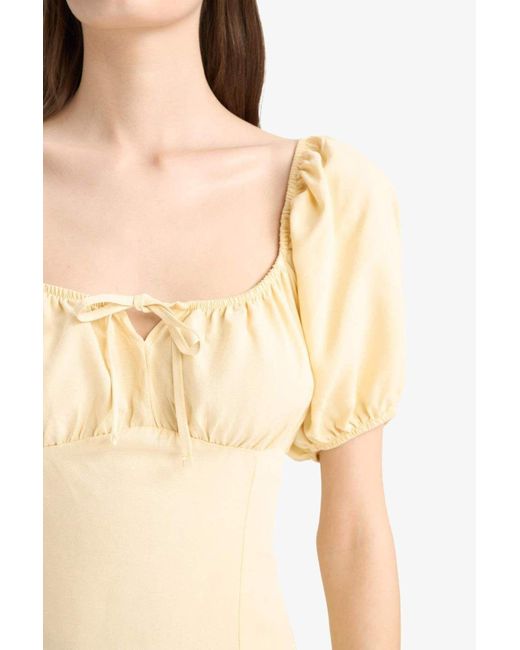 Defacto Natural A-Linien-Sommerkleid Mit V-Ausschnitt, Leinenmischung, Schlitz, Kurze Ärmel, Midi-Sommerkleid F0534Ax25Sm Für Damen