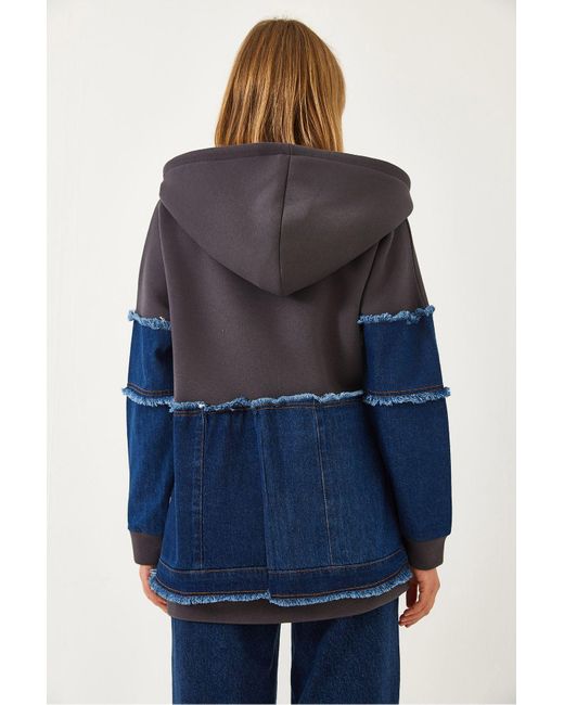 Bianco Lucci Blue Strickjacke Mit Denim-Taschendetail Und Drei Fäden Für Damen