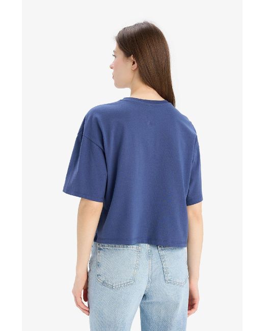Defacto Blue Übergroßes, Lockeres, Bedrucktes, Kurzärmliges T-Shirt Aus Gekämmter Baumwolle Mit Rundhalsausschnitt E5149Ax25Sm Für Damen