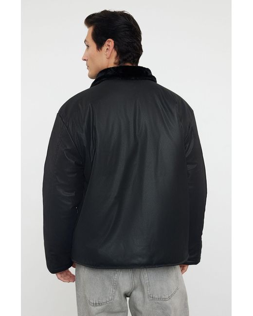 Trendyol Wintermantel Aus Kunstleder, Regular Fit, Pelzkragen Für Herren in Black für Herren