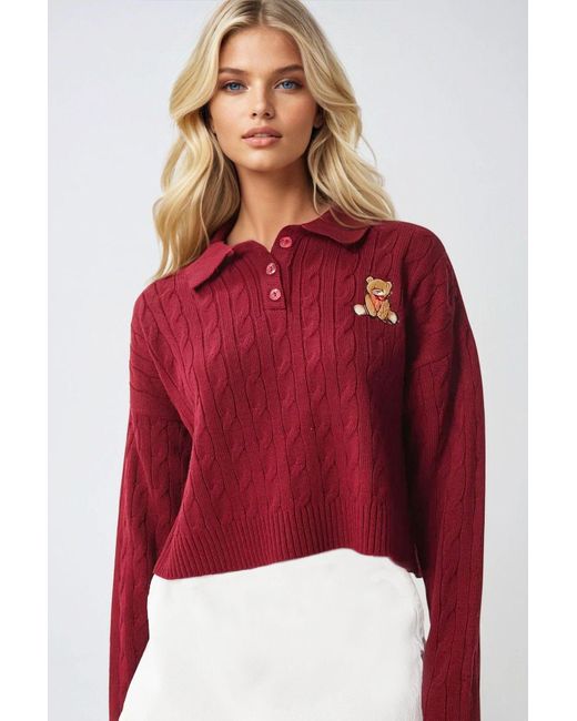 Trend Alaçatı Stili Red Burgunderfarbener Strickpullover Mit Polokragen Und Haarstrickmuster Und Teddybär Für Damen