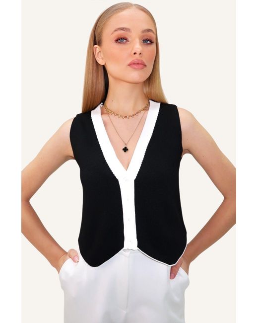 Trend Alaçatı Stili Black Schwarze Strickweste Mit V-Ausschnitt Und Farbblock Für Damen