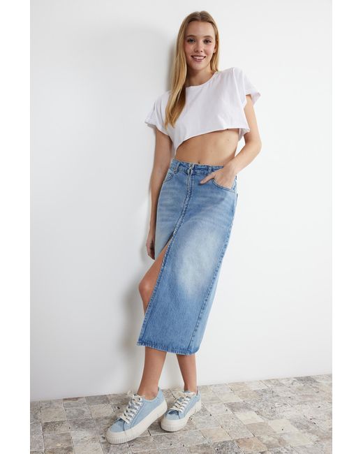 TRENDYOL Damen Midi Bleistiftrock – Aus Viskose/Polyamid, A-Linie, Unifarben, Größentipp: Eine Nummer Größer Wählen