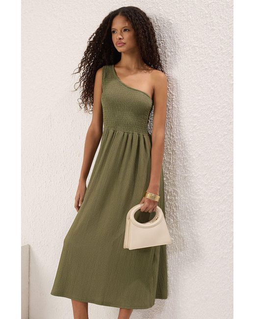 Trendyol Green Khakifarbenes Midi-Strickkleid – Einärmlig, Gerader Gips, Für Damen