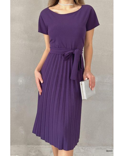 Deafox Purple Lilafarbenes Kleid Aus Importiertem Kreppstoff Mit Plissierung Und Gürtel Für Damen