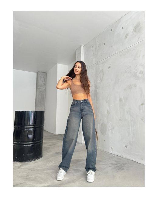 BİKELİFE Blue Locker Geschnittene, Bequeme Baggy-Jeanshose Mit Weitem Bein Für Damen