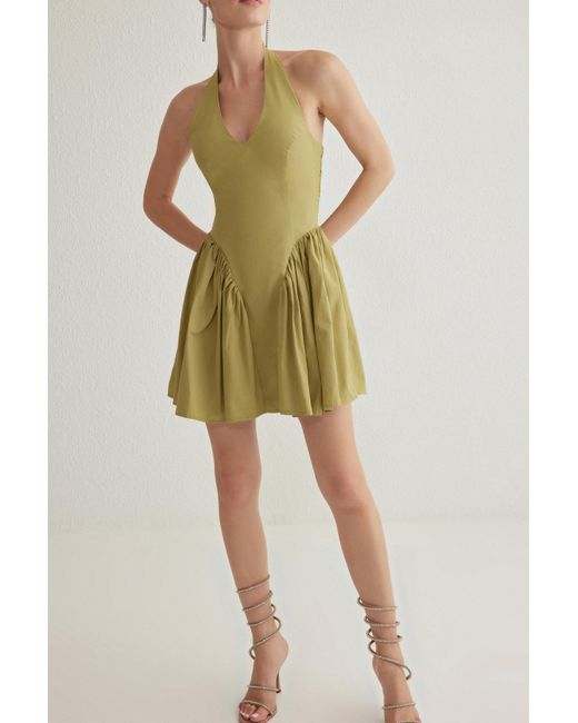 Trendyol Yellow Grünes, Gewebtes Popeline-Kleid Mit A-Ausschnitt Für Damen