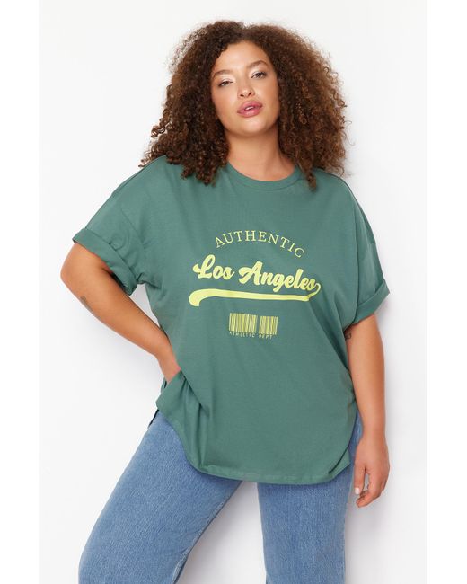 Trendyol Green Es, übergroßes, bedrucktes strick-t-shirt