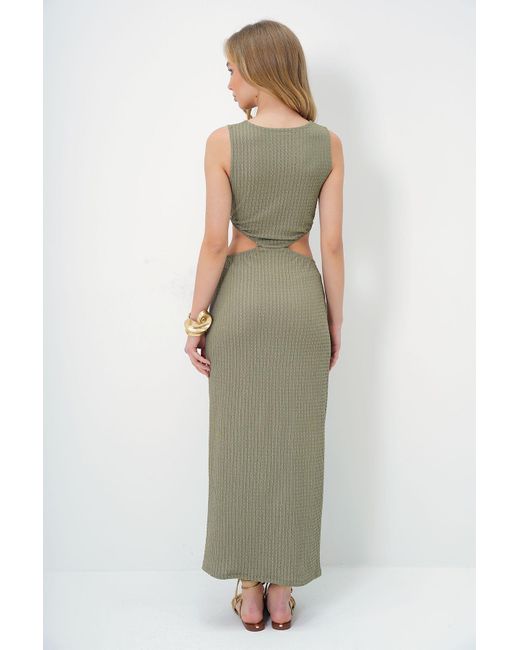 Trend Alaçatı Stili Green Khakifarbenes, Ausgeschnittenes, Strukturiertes Midikleid Für Damen