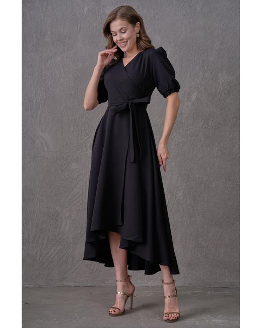 Lovebox Pink Schwarzes, Zweireihiges Midikleid Mit Ausschnitt – Asymmetrisch Geschnittenes, Ausgestelltes Kleid Mit Gürtel 410 Für Damen