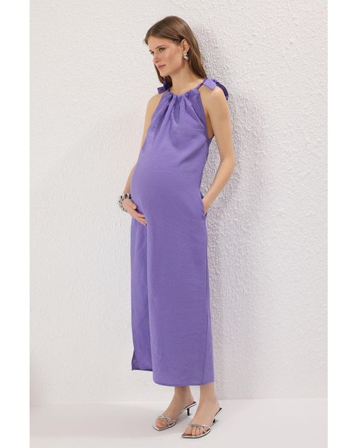 Trendyol Purple Maxi-Modal-Webkleid Mit Geradem Ausschnitt Und Bindedetail Für Damen