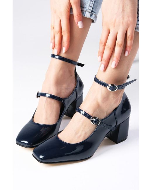 Mio Gusto Multicolor Marineblaue Lackleder-Schuhe Mit Stumpfer Zehenpartie Und Absatz Für Damen