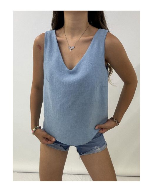 Modamorfo Blue Blaue Leinenbluse Mit V-Ausschnitt – Nullärmel Für Damen
