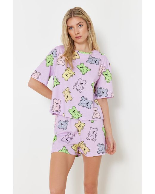 Trendyol Multicolor Lilafarbenes, es strick-pyjama-set aus 100 % baumwolle mit teddybär-muster