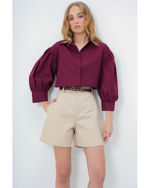 Trend Alaçatı Stili Red Burgunderrote Basic-Popeline-Hemden Mit Ballonärmeln Und Versteckter Knopfleiste Für Damen