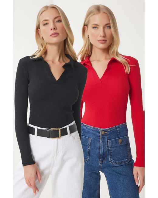 Happiness İstanbul Red Rote Zweiteilige Gerippte Strickbluse Mit Polokragen Für Damen