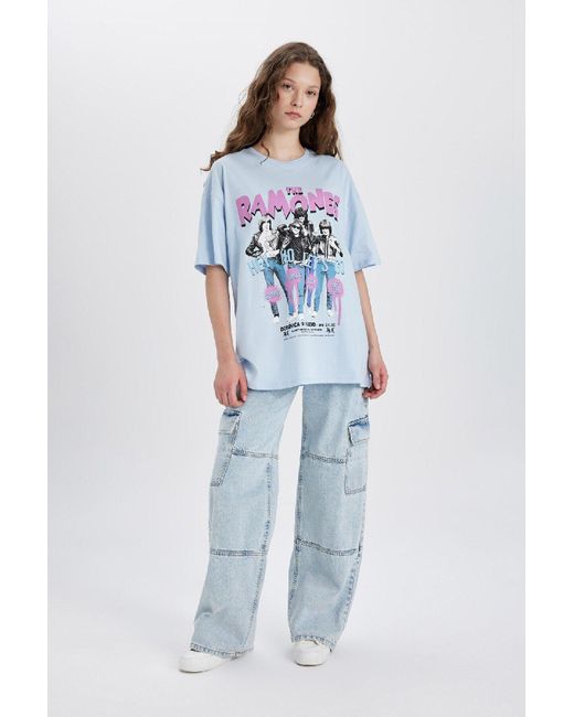 Defacto Blue Ramones Oversize Wide Fit Kurzarm-T-Shirt Mit Rundhalsausschnitt C3772Ax24Sm Für Damen