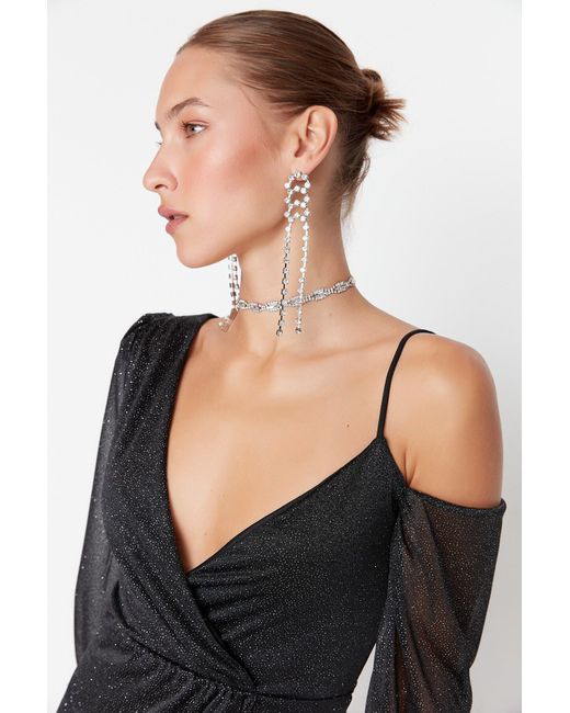 Trendyol Black Schwarzes Glitzer-Abendkleid Aus Strick – Kragendetail, Kurzes, Stylisches Kleid Für Damen