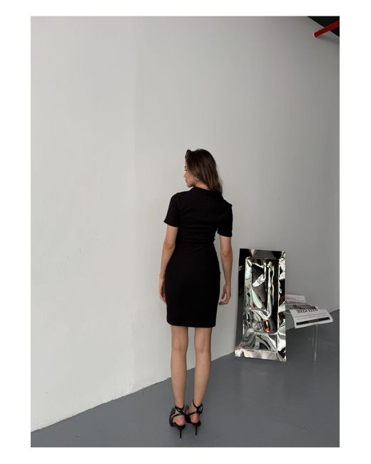 BEJNA Gray Schwarzes Kleid Mit Reißverschluss Und Polokragen Für Damen