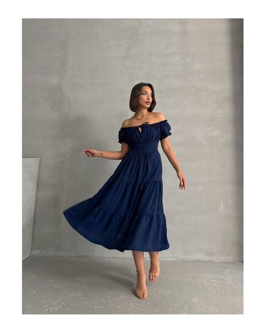 BEJNA Blue Marineblaues, Dehnbares Kleid Mit Gerafftem Ausschnitt Für Damen