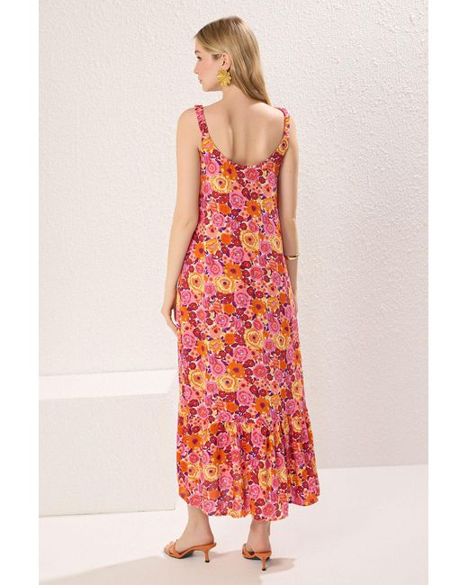 Trendyol Red Fuchsiafarbenes Maxi-Webkleid Mit Blumenmuster Für Damen