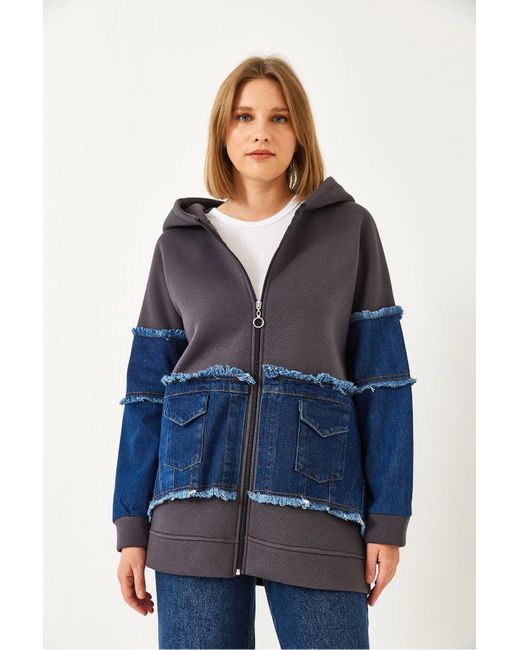 Bianco Lucci Blue Strickjacke Mit Denim-Taschendetail Und Drei Fäden Für Damen