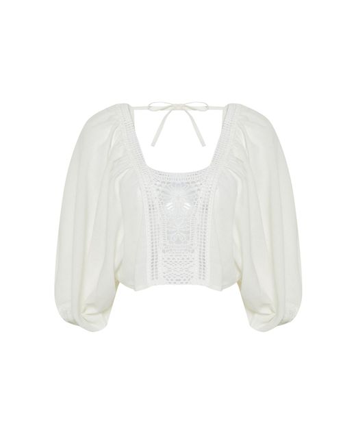 Trendyol White Farbene crop-bluse aus gewebter spitze mit details