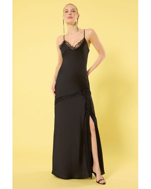 Trendyol Yellow Schwarzes, Gerades, Gerades Spitzen-Maxi-Abendkleid Aus Gewebtem Satin Und Heimkehrkleid Für Damen
