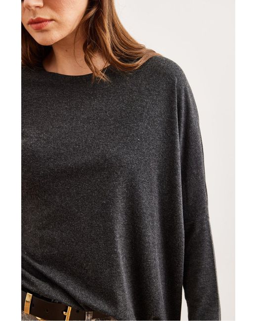 Olalook Black Schwarze Fledermaus-Wollviskose-Bluse Mit Rundhalsausschnitt Blz- 19002801 Für Damen