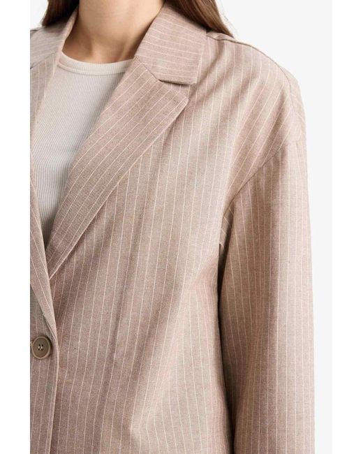 Defacto Natural Relax Fit Jacke Kragen Linie Gemustert Leinen Blazer Jacke Für Damen