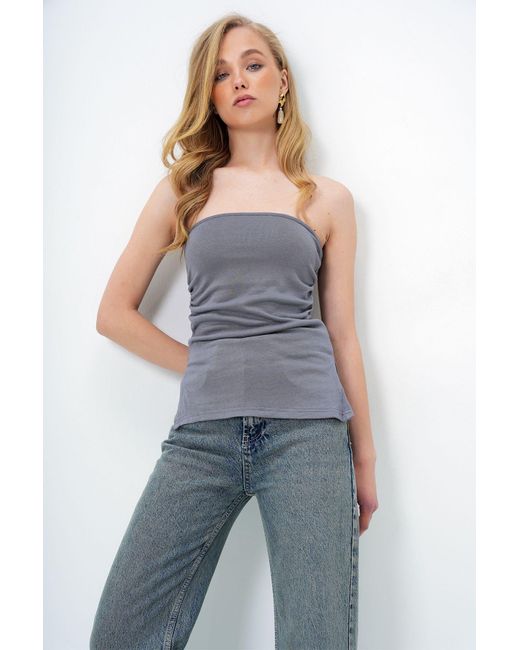Trend Alaçatı Stili Blue Dunkelgraue Trägerlose Stahlstrickbluse Mit Seitenschlitz Für Damen