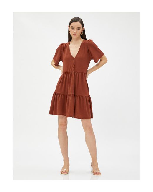 Koton Red Mehrlagiges Kurzes Kleid Mit V-Ausschnitt Und Kurzen Ärmeln Für Damen