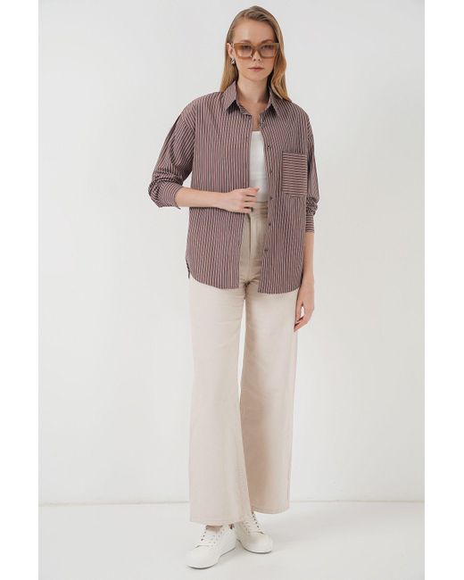 Bigdart Brown 20205 Modell Gestreiftes Oversize-Hemd Für Damen