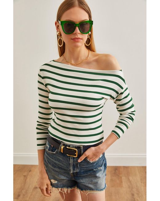 Olalook Green Bluse mit u-boot-ausschnitt, smaragd, gestreift, weich und hochwertig, dehnbar,