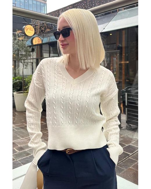 Madmext Gray Knochenfarbener V-Ausschnitt Geflochtener Strickpullover Für Damen