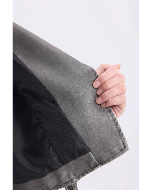 Defacto Gray Relaxed Fit Kunstlederjacke – Zweireihiges Revers Mit Gürtel Und Reißverschluss Für Damen