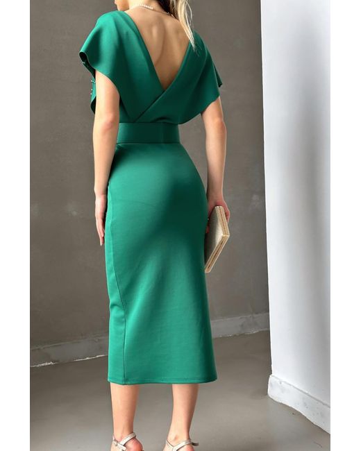Deafox Green Grünes Kleid Aus Scuba-Stoff Mit Gürtel Und Perlenverzierung Für Damen