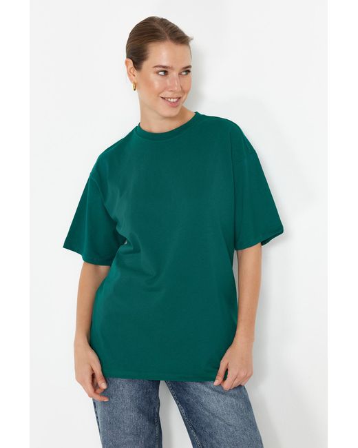Trendyol Green Smaragdes, 100 % baumwolle, premium-übergröße/weite passform, rundhalsausschnitt, strick-t-shirt