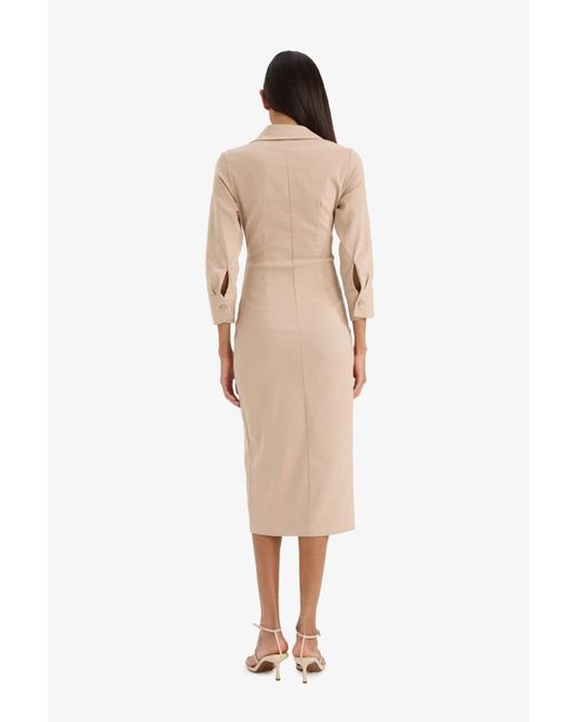 Defacto Natural Hemdkragen Basic Plain Button Closure Waistline Gathered Bengalin Halbarmkleid D4560Ax25Sp Für Damen