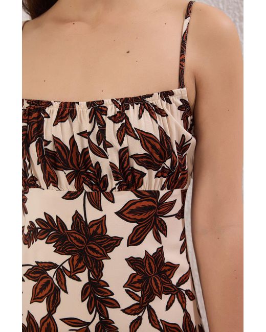 Trendyol Natural Braunes, Geblümtes, Gewebtes Midikleid
