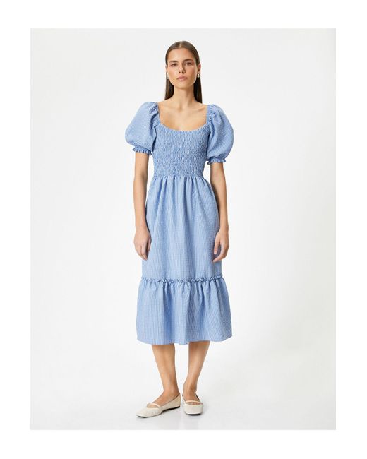 Koton Blue Midi-Kleid Mit U-Ausschnitt Und Ballonärmeln – Gipeli-Design Für Damen