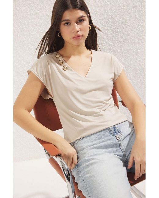 Trendyol Blue Gestrickte Bluse Mit V-Ausschnitt Und Steinknopfdetail – Für Damen