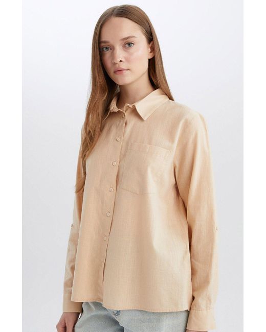 Defacto Natural Basic-Langarmshirt Mit Gerader Tasche Und Normaler Passform Für Damen