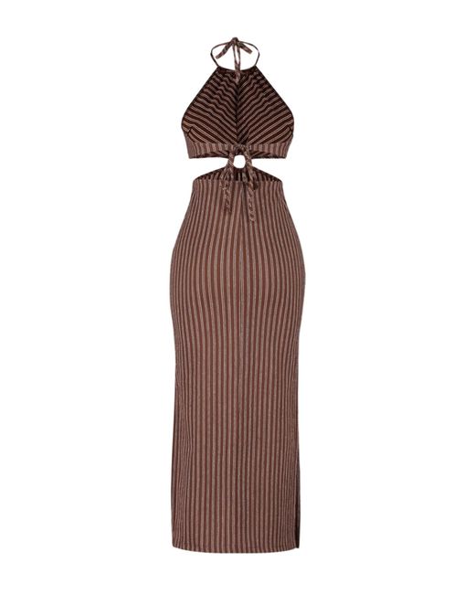 Trendyol Brown Gestreiftes maxi-strandkleid aus strick mit accessoires