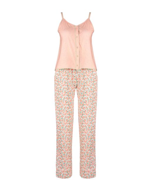 Trendyol Pink Pyjama-set aus 100 % baumwolle mit blumenmuster in lachsfarbe – kordelriemen