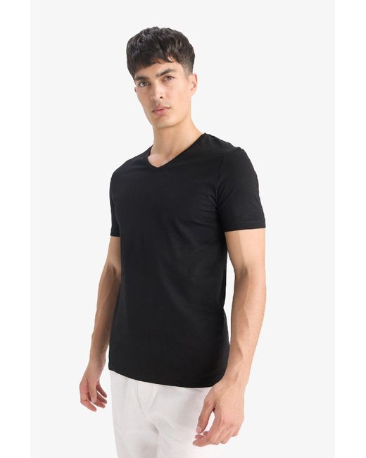 Defacto 100 Baumwolle Slim Fit Slim Fit V-Ausschnitt Basic Solid Kurzarm Schwarzes T-Shirt M7668Az25Sp Für Herren in Black für Herren
