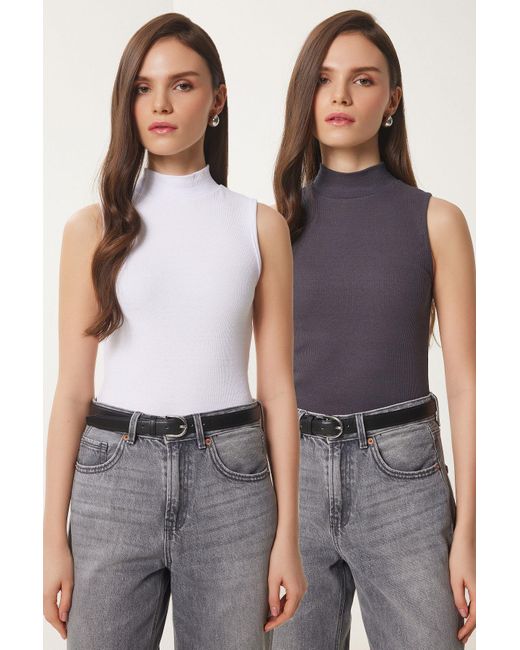 Happiness İstanbul Gray Anthrazitweiße, Ärmellose 2-Teilige Strickbluse Mit Rollkragenpullover Für Damen